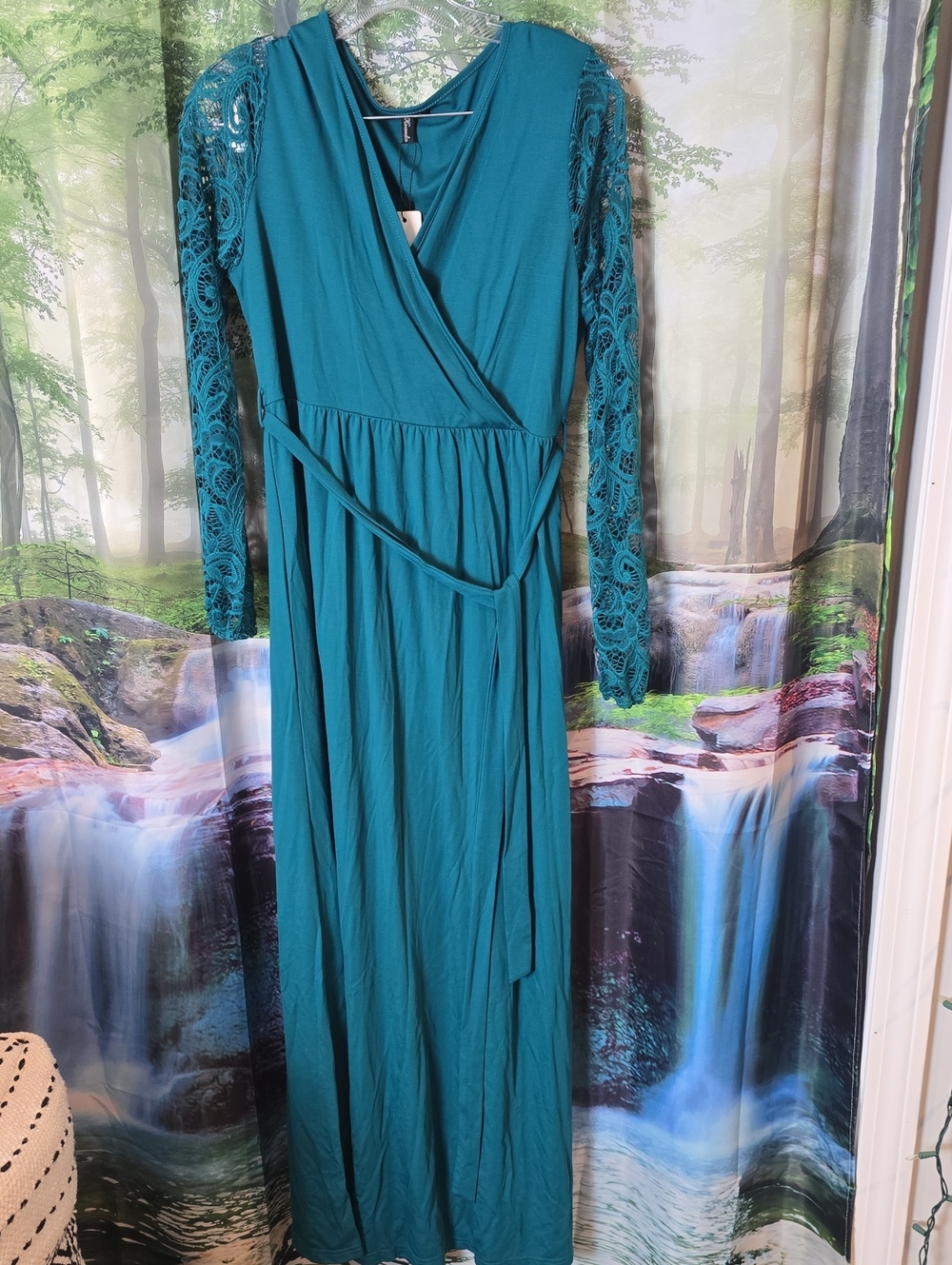 Wrap Maxi Dress with Lace Long Sleeves in Teal